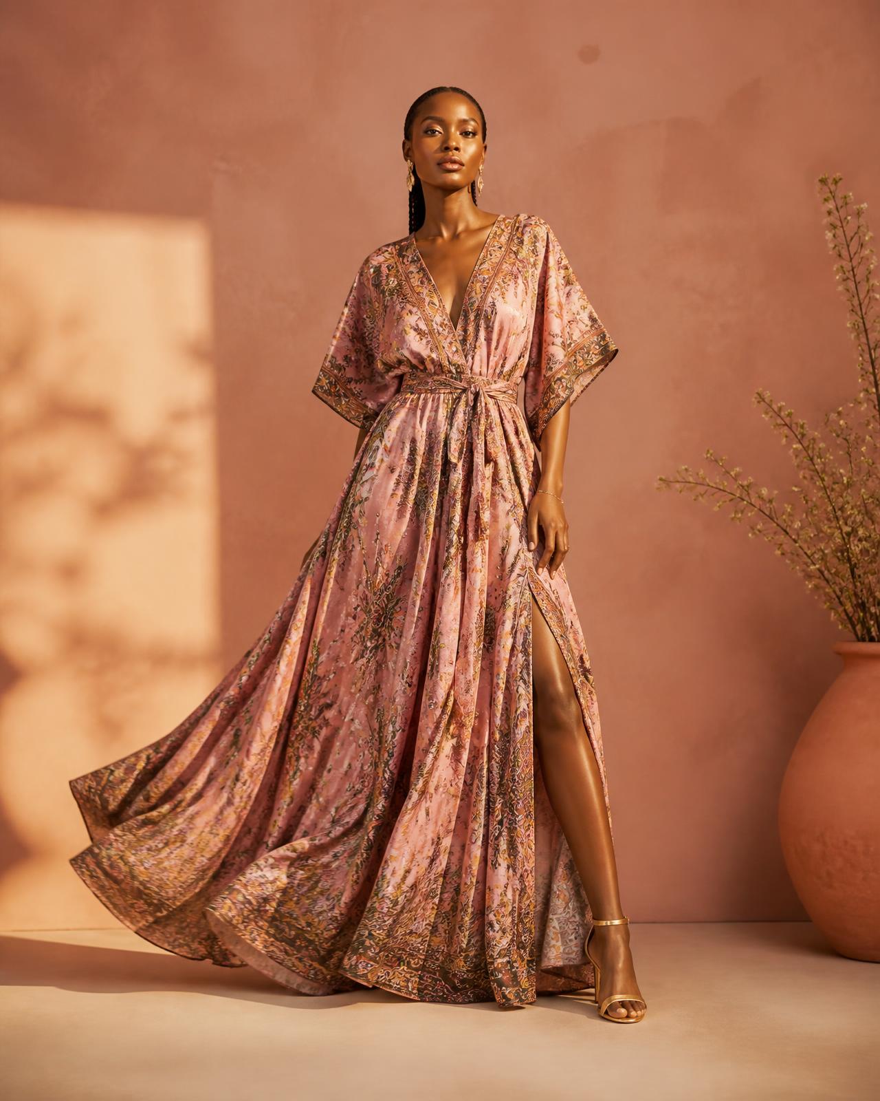 Woman wearing an elegant flowing maxi dress and gold heels